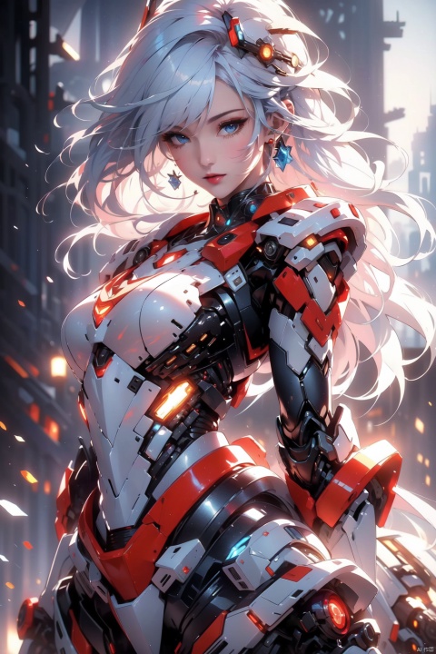  1 girl, frontal,blue eyes, white hair blowing in the wind, hands open, giant mecha warrior standing next to her, science fiction novel, mechanical armor, metallic luster, electroplating, clothing logo, Mars, spacecraft, floating cannon, hexagonal, (from bottom: 1.2), glow, backlight, (background blurry: 1.2) movie lighting, low illumination, VHS style, (masterpiece: 1.3), (best quality: 1.1), complex details, (Surrealism: 1.1), (Realistic details: 1.1), High level of detail, (The text on the cover should be bold and eye-catching, partially hidden behind the characters, with magazine titles and eye-catching titles: 1.4), Superview, Wide angle. Dynamic pose, lighting_ Stance, wide-angle lens