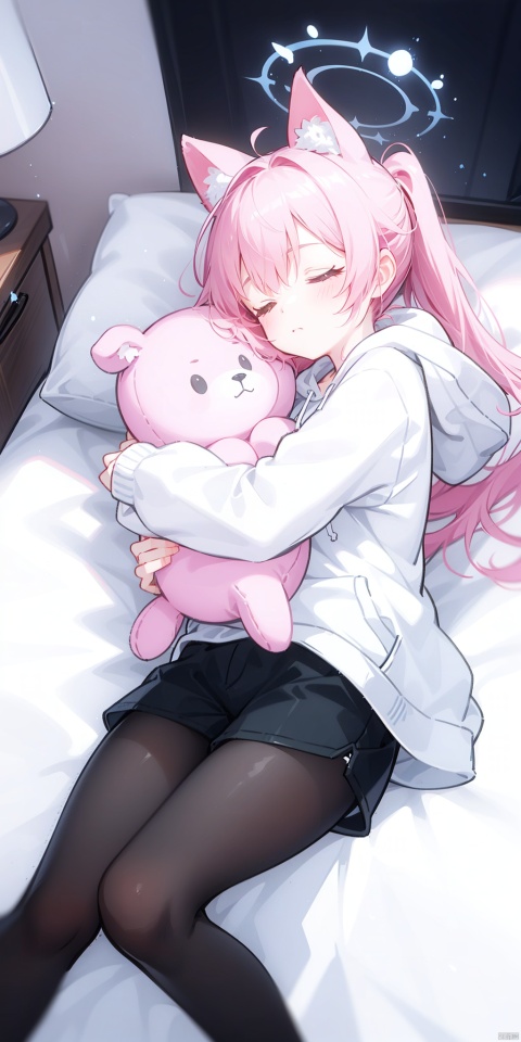  1girl, solo, long hair, bangs, long sleeves, animal ears, closed eyes, ponytail, pink hair, pantyhose, lying, wings, shorts, virtual youtuber, hood, pillow, short shorts, bed, hoodie, on bed, halo, on side, black shorts, stuffed toy, sleeping, stuffed animal, hood down, white pantyhose, object hug, white wings, white hoodie