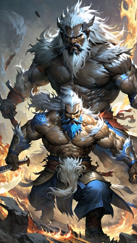 Half-human beast, four hands, muscle, brawn, magnificent stature, Chinese mythology,, holding, weapon, white hair, male focus, dark skin, holding weapon, facial hair, fire, beard, axe, holding axe