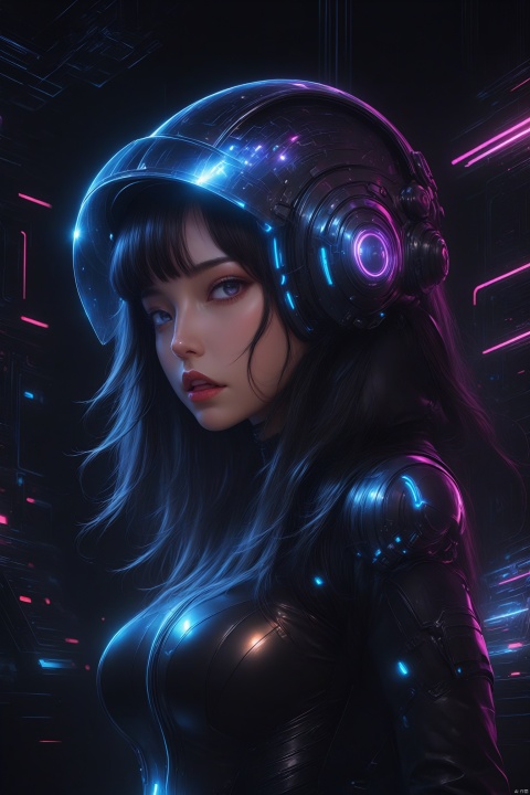  A super cool girl wearing a half-helmet ,The helmet has a glowing hologram, （Her lips and chin peeking out from under her helmet,chin,）In the cyber world, the network of glowing electrons,In the cyber world, the network of glowing electrons,Straight hair, Super Age,bodysuit, bare shoulders, (shoulder tattoos),Smooth latex suit, tight latex suit,1girl, solo, long hair, breasts, Holographic patternbackground, black hair, upper body, artist name, （covered eyes）,Half_helmet,neon, cyberpunk, neon lights, hologram,science fiction,anger,latex