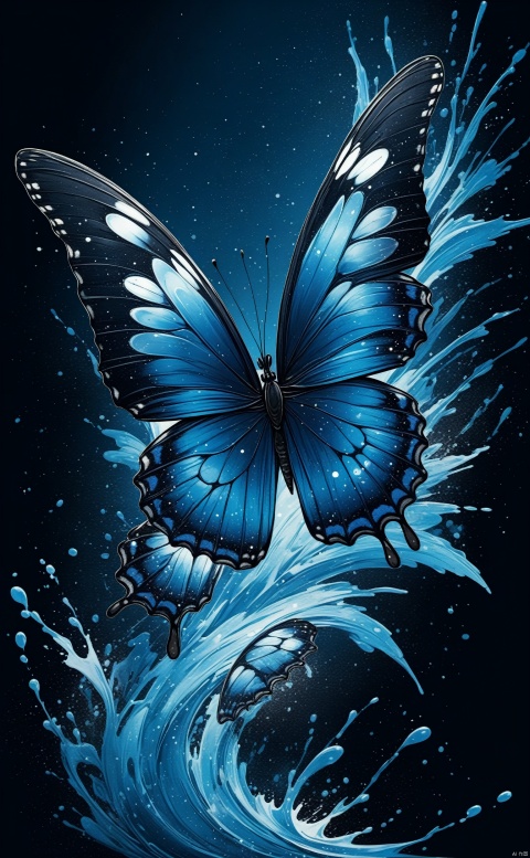 high quality, stary night blue black butterfly, splash arts, aesthetic for Tshirt design, highly detailed, darktone