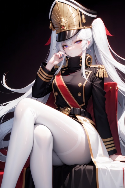  (masterpiece: 1.3), (super detail CG: 1.2),), (best quality), (complicated details), 4 k and unified, (8 k: 1.2),
1 girl, single, pantyhose, long hair, sitting, hat, white hair, blue eyes, coat, belt, white coat, (crossed legs), (pointed hat), long sleeve, dress, looking at the audience, white headpiece, uniform, military uniform, ponytail, white dress, coat, military uniform, military cap, scar on face, hand on own chin, take off glasses, scar, headrest, White coat, closed mouth, (scar on eye :1.3),
Dynamic pose, feet outside the frame, (purple background),
