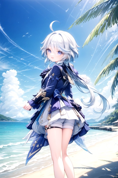  (masterpiece),(bestquality),nai3,1girl, solo, Focalors,(genshin impact),Open your mouth and smile, long legs, mature, beach background, sunny, sunny shadow,stand by the sea and look back with a smile,rating,safe