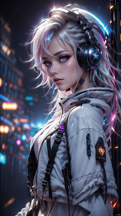  Light-electric style, shining, 1girl, solo, halo, long hair, headphones, looking at viewer, white hair, hair between eyes, upper body, bangs, purple eyes, closed mouth, blurry, jacket, from side, looking to the side, white jacket, heterochromia, blue eyes, chromatic aberration, depth of field
