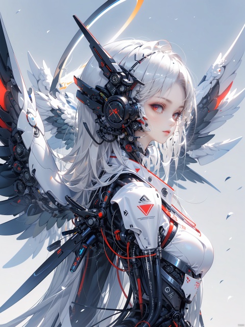  robot girl, 1girl, solo, red eyes, breasts, white hair, halo, from side, white background, upper body, wings, mechanical wings, looking at viewer, mecha musume, profile, simple background, long hair, medium breasts, bangs, android, closed mouth, large breasts