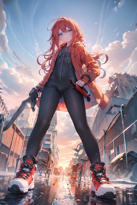 sunrise stance, (holding weapon:1.3),yellow eyes,Red coat, blue eyes,evil,red hair,long hair,messy hair,black full bodysuit,serious,ruins,sword,Combat shoes,open stance,Red coat, , solo,battle dress, glow glow,science fiction,CG,C4D, Cyberworld