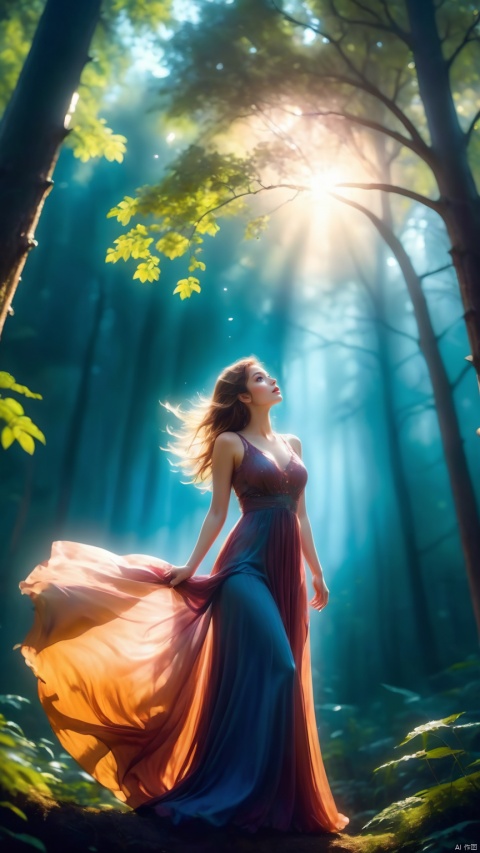  1girl,In the dense woods, the beautiful woman looked up at the sky, wearing a long dress, she looked up at the treetops, mysterious shadow projected on her body, adding poetic color,glowing, hand