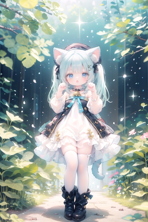  1girl, loli, solo, long hair, looking at viewer, open mouth, bangs, blue eyes, hair ornament, thighhighs, long sleeves, hat, dress, ribbon, animal ears, bare shoulders, twintails, blue hair, tail, full body, hair ribbon, boots, outdoors, detached sleeves, sleeveless, puffy sleeves, cat ears, white dress, hair over one eye, :o, white thighhighs, cat tail, animal ear fluff, hands up, bell, sleeveless dress, white headwear, white footwear, eyes visible through hair, x hair ornament, cat girl, jingle bell, neck bell, paw pose, glow, kawaiitech