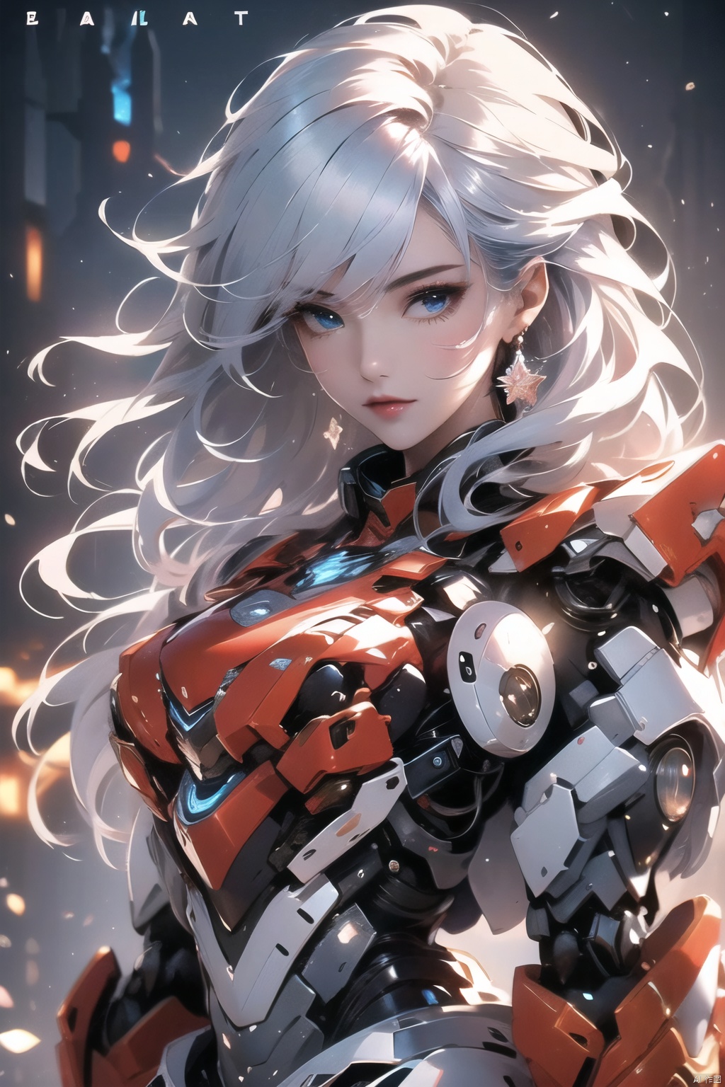  1 girl, frontal,blue eyes, white hair blowing in the wind, hands open, giant mecha warrior standing next to her, science fiction novel, mechanical armor, metallic luster, electroplating, clothing logo, Mars, spacecraft, floating cannon, hexagonal, (from bottom: 1.2), glow, backlight, (background blurry: 1.2) movie lighting, low illumination, VHS style, (masterpiece: 1.3), (best quality: 1.1), complex details, (Surrealism: 1.1), (Realistic details: 1.1), High level of detail, (The text on the cover should be bold and eye-catching, partially hidden behind the characters, with magazine titles and eye-catching titles: 1.4), Superview, Wide angle. Dynamic pose, lighting_ Stance, wide-angle lens
