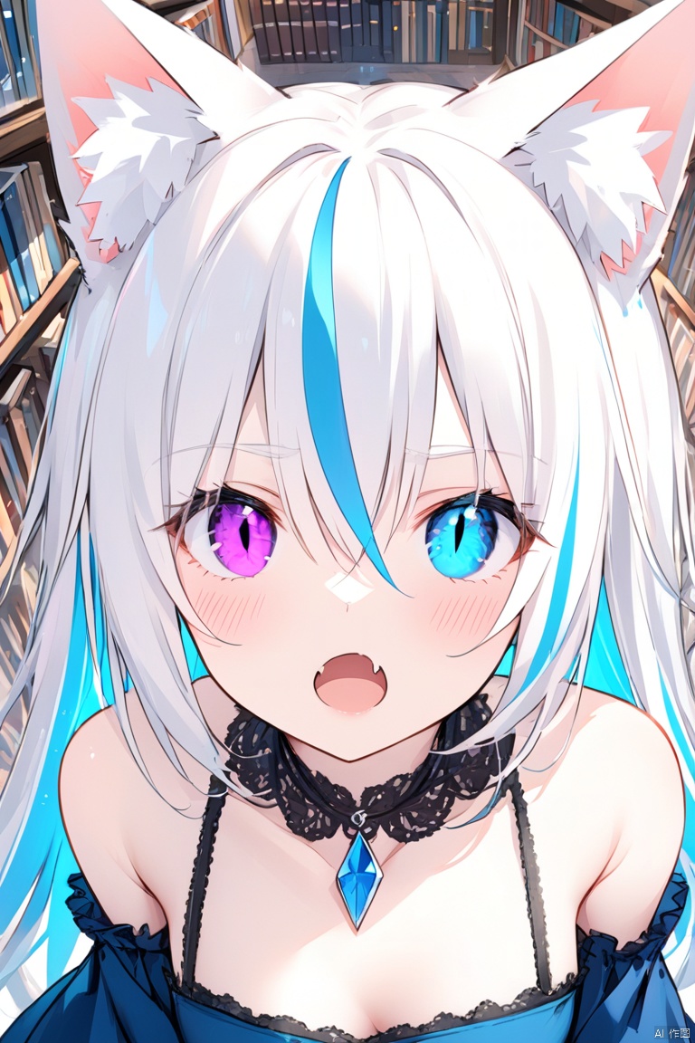  1girl,(face), solo,fox girl,fox ears,breasts,medium breasts , (heterochromia),blush,purple eye,blue eye,cat's eye,(slit pupils), open mouth,fang, long hair,white hair,hair between eyes,(streaked hair),bare shoulders,collarbone,colored inner hair,dress,black lace trim,(blue dress),detached sleeves,ribbon,necklace,library,looking up,from above,close-up,formal,