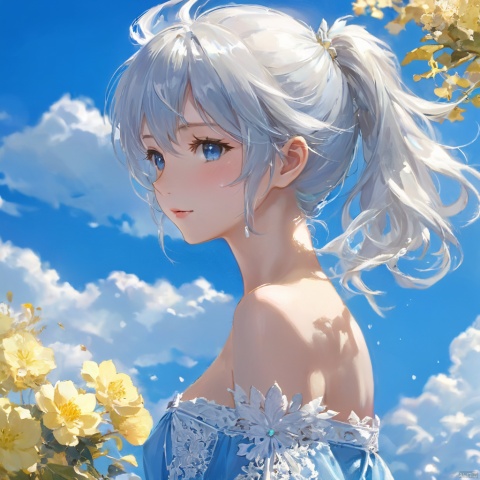  upper body,finely detail, Depth of field,(masterpiece),best quality, intricate detail,(best illumination, best shadow, an extremely delicate and beautiful),{beautiful detailed eyes},1girl,finely detail,Depth of field, bluesky,cumulus,wind,insanely detailed frills,extremely detailed lace,blue sky,very long hair,Slightly open mouth,high ponytail,silver hair,small Breasts,cumulonimbus capillatus,slender waist,There are many scattered luminous petals,Hidden in the light yellow flowers,Many flying drops of water,Many scattered leaves,branch ,angle ,contour deepening,cinematic angle ,,jean,xiangling