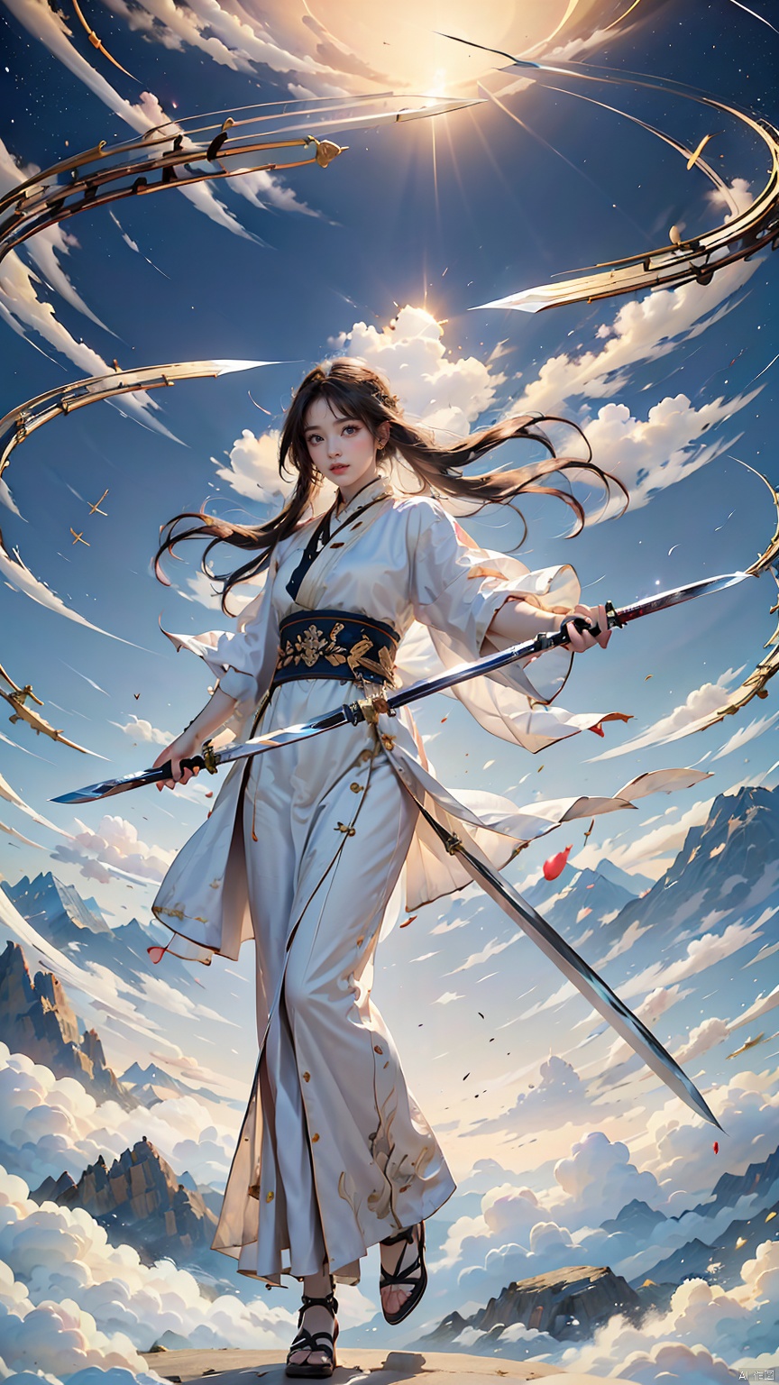  1 girl, solo, female focus: strengthening, (Full Body: 1.2), (Floating Swords * 100), 100 Floating Swords, lens light, Shadow of the Swords (Blade Storm: 1.2), circular waves, Night, cliffs, starry sky, clouds, clouds, mountains and rivers, ancient temples, Starry Night, Absorption, Incremental Absorption, Beyond Reality,
(Masterpiece), (Very Detailed CGUnit 8K Wallpaper), Best Quality, High Resolution Illustrations,