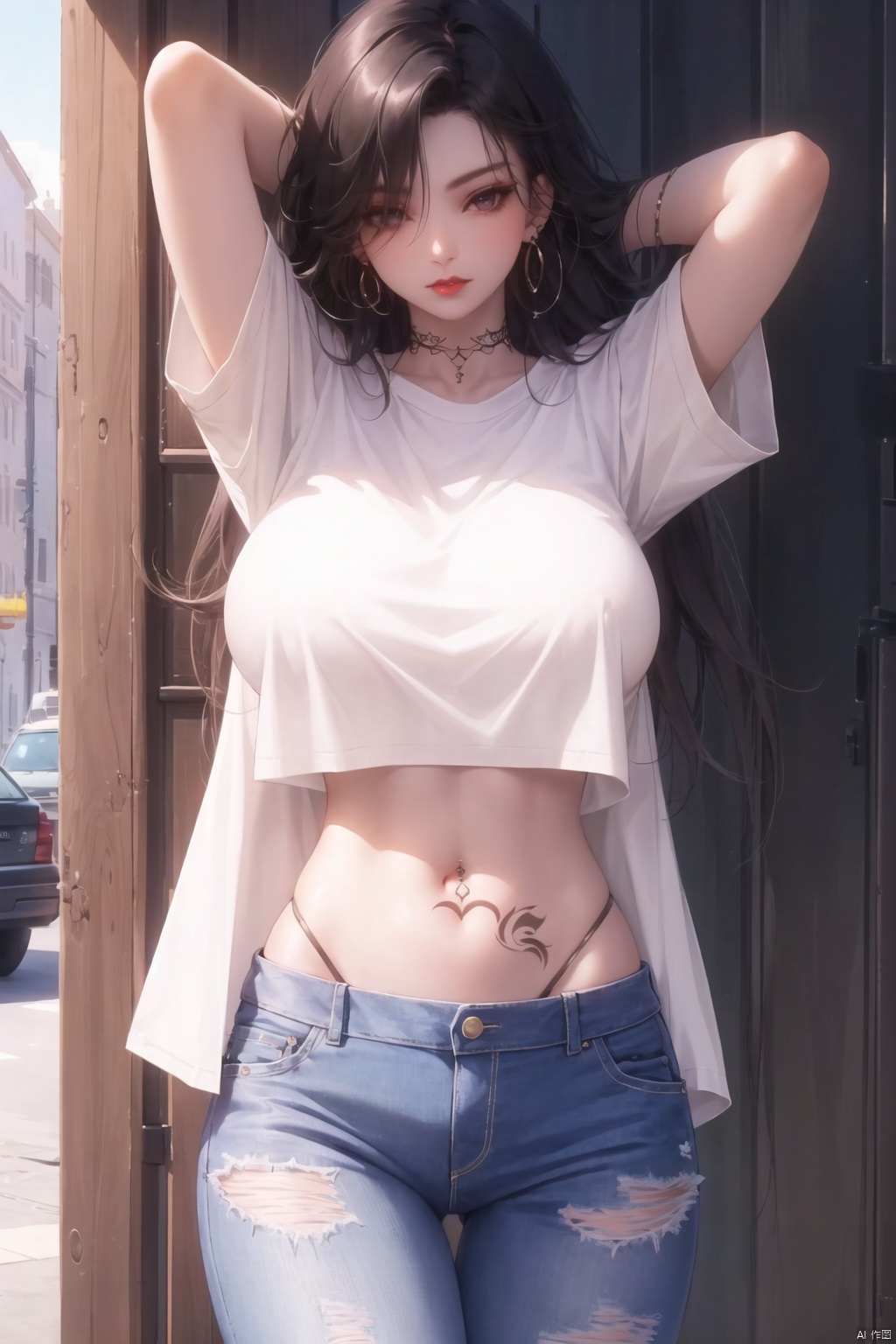  1girl, huge breasts,solo, long hair, shirt, black hair, navel, jewelry, white shirt, short sleeves, cowboy shot, earrings, midriff, pants, hair over one eye, arms up, bracelet, lips, tattoo, piercing, ring, denim, jeans, red lips, navel piercing
, （\personality\）