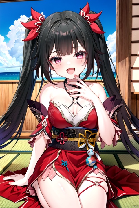 1girl,:d,blush,breasts,looking at viewer,solo,tatami,blue sky,breasts,collarbone,hand on own stomach,open mouth,black hair, sparkle \\\(honkai: star rail\\\)