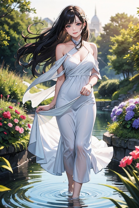  A beautiful woman, dressed in a long white dress and long black hair, was strolling on a field full of flowers. The sunlight shone on her face, making her cheeks glow with a charming smile. She walked close to the river, soaking her feet in the water, feeling the cool river gently caressing her skin. Her long hair fluttered in the wind, lightly fluttering like a ribbon. From a distance, she seemed like a fairy descending into the mortal world, bringing endless beauty and warmth to people