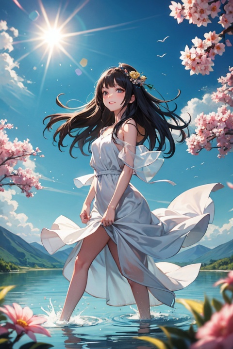 A beautiful woman, dressed in a long white dress and long black hair, was strolling on a field full of flowers. The sunlight shone on her face, making her cheeks glow with a charming smile. She walked close to the river, soaking her feet in the water, feeling the cool river gently caressing her skin. Her long hair fluttered in the wind, lightly fluttering like a ribbon. From a distance, she seemed like a fairy descending into the mortal world, bringing endless beauty and warmth to people