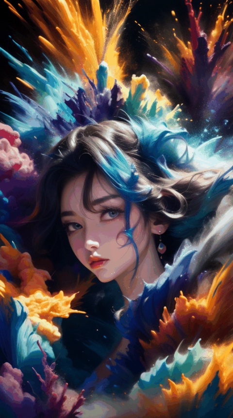  (colorful:1.3), vector art, five color palette, female, background nebulous, entropic, (gravity:1.1), futuristic, (1girl:0.5),portrait, long wet hair, human thoughts, elegant fantasy, intricate, crisp quality, hdr, ultra-detailed, Wet inks line art, dreamy female portrait on black canvas, perfect fractal illustration (style of Vassily Kandinsky), , colorful, masterpiece, expert, insanely detailed, 4k resolution,high quality, best quality, vivid, detailed background, ethereal, floating into the abyssal heights, dreaming, cosmic light, very sharp focus, Hyper detailed, Hyper realistic, spiritual, surreal, atmospheric, High resolution, High contrast, dark angle, 8k, HDR, film grain, ,Explosive dust