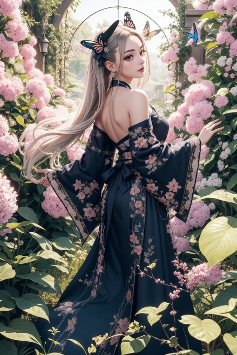  1girl, Black gold color matching, Out of the shape of the butterfly's ugly shoulders, The sleeve back skirt is designed with insect butterfly wings, Cut cool, Elements: Butterfly melting, antique, Light and light, fashion, yue , hair ornament , hanfu