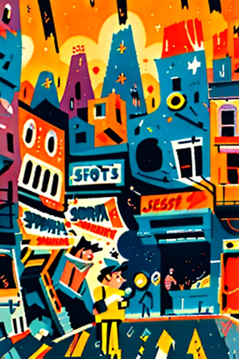 The dazzling city, the neon lights at night, dotted
with stars, bustling street views, flashing
headlights, sports scenes, leisure scenes, painted
by James Rizzi