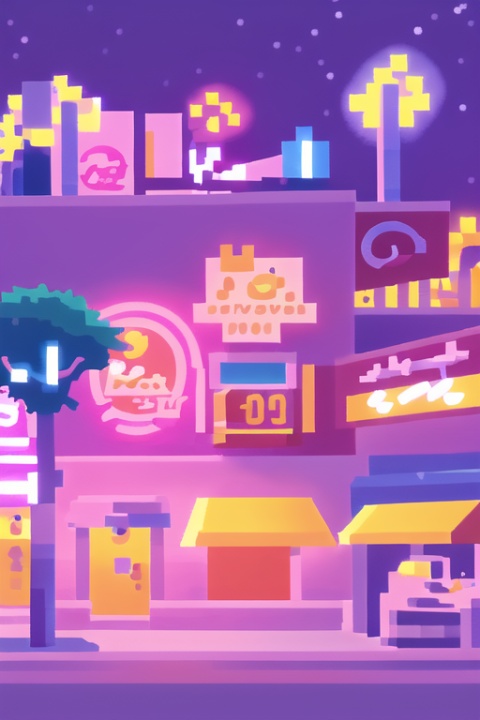  The dazzling city, the neon lights at night, dotted
with stars, bustling street views, flashing
headlights, sports scenes, leisure scenes, painted
by James Rizzi,low poly