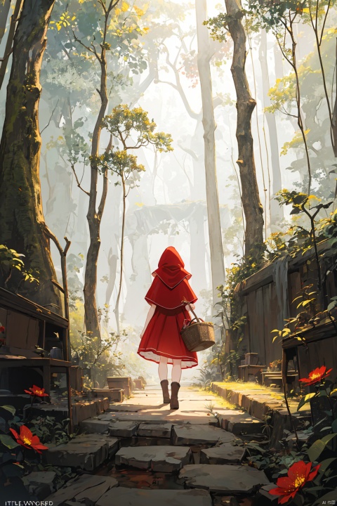  (a fairy tale setting:1.2), a digital artwork capturing the enchanting world of a forest, where the story of Little Red Riding Hood unfolds, (highly detailed:1.1),showcasing the intricate textures of nature, (mysterious ambiance:1.2), immersing the viewer in a sense of wonder and magic, (Little Red Riding Hood:1.3), a young girl dressed in her iconic red hooded cloak, Carrying a basket in hand, (lush greenery:1.1), surrounding her as she walks in the forest, (sunlight filtering through trees:1.1),casting a warm and gentle glow, (dynamic composition:1.1),flowers,capturing the anticipation and innocence of Little Red Riding Hood's journey, inviting viewers to step into the fairy tale world of a young girl venturing through the mysterious forest, her red cloak contrasting against the lush greenery, and discover what lies ahead in her captivating adventure., Anime