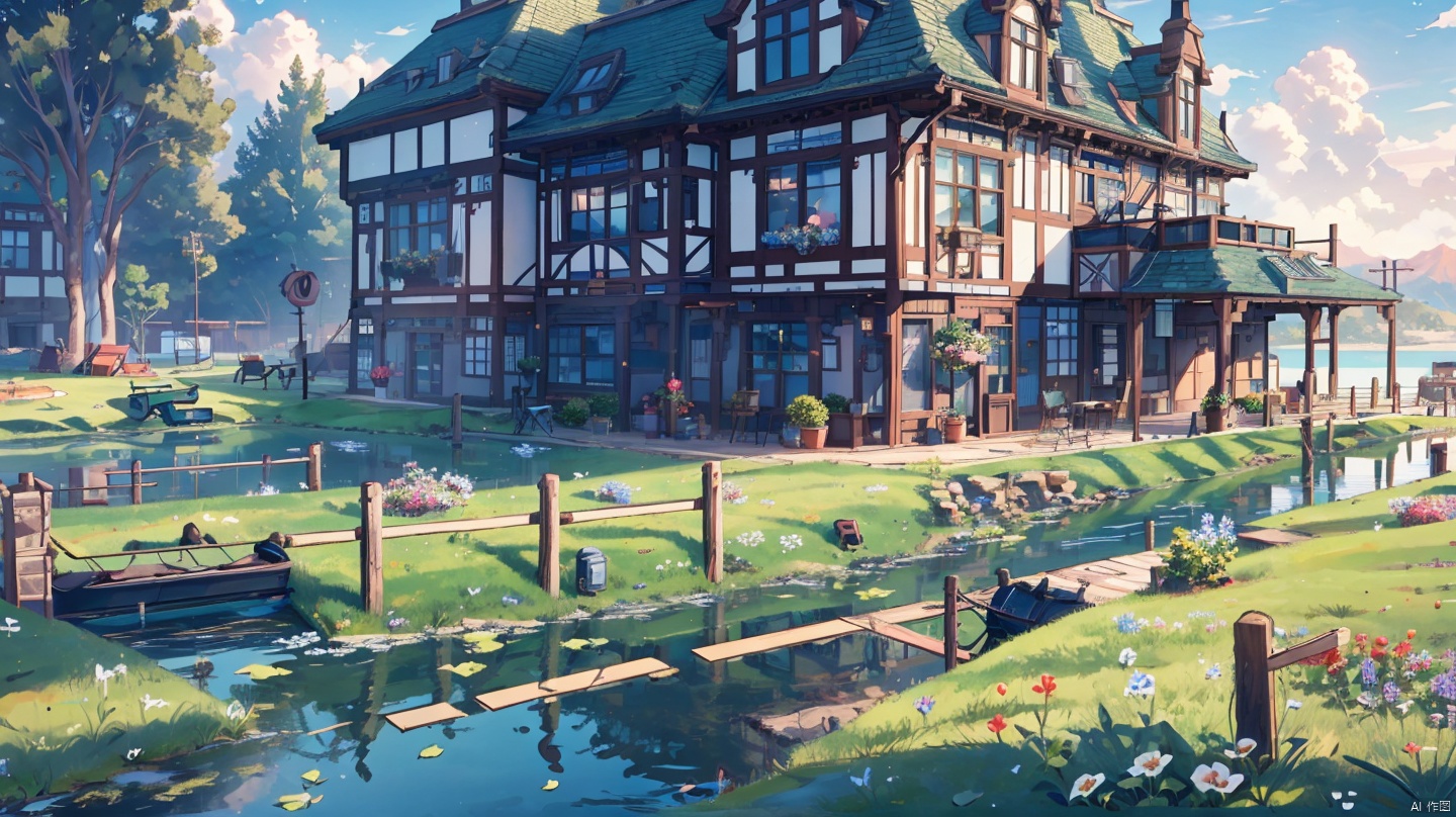 (((masterpiece))), ((extremely detailed CG unity 8k wallpaper)), best quality, high resolution illustration, Amazing, highres, intricate detail, (best illumination, best shadow, an extremely delicate and beautiful),

2D ConceptualDesign, outdoors, tree, flower, day, grass, scenery, plant, sky, nature, house, door,lake,river,mountain,village,day
, castle,no humans, england,Victoria