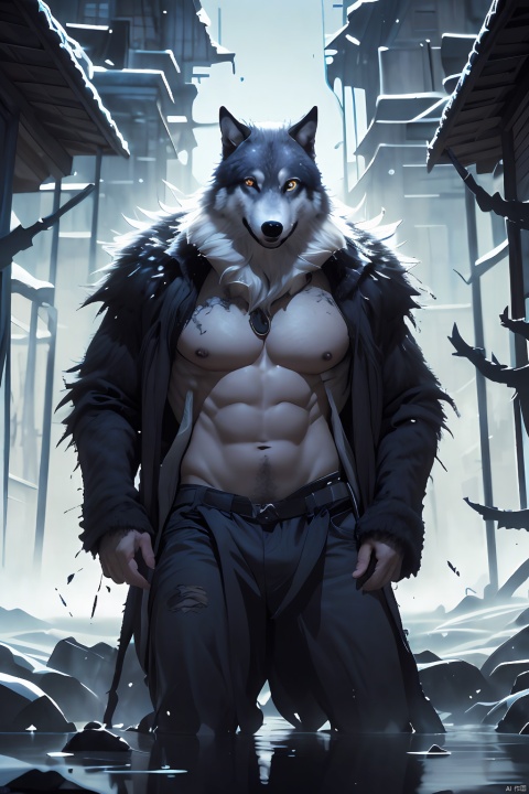  there is a guy standing in front of a wolf with a man standing next to him, half man half wolf, artistic illustration, dark illustration, by Wolf Huber, a beautiful artwork illustration, inspired by Wolf Huber, wolf, werewolf”, fenrir, grim - wolf, by Relja Penezic, wolf in hell, wolf like a human