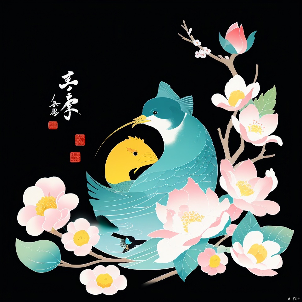  the 24 Traditional Chinese Solar Terms\(Rain Water\),flat,black background,flower,water,petals,no humans,bird,animal,fish,branch,animal focus,