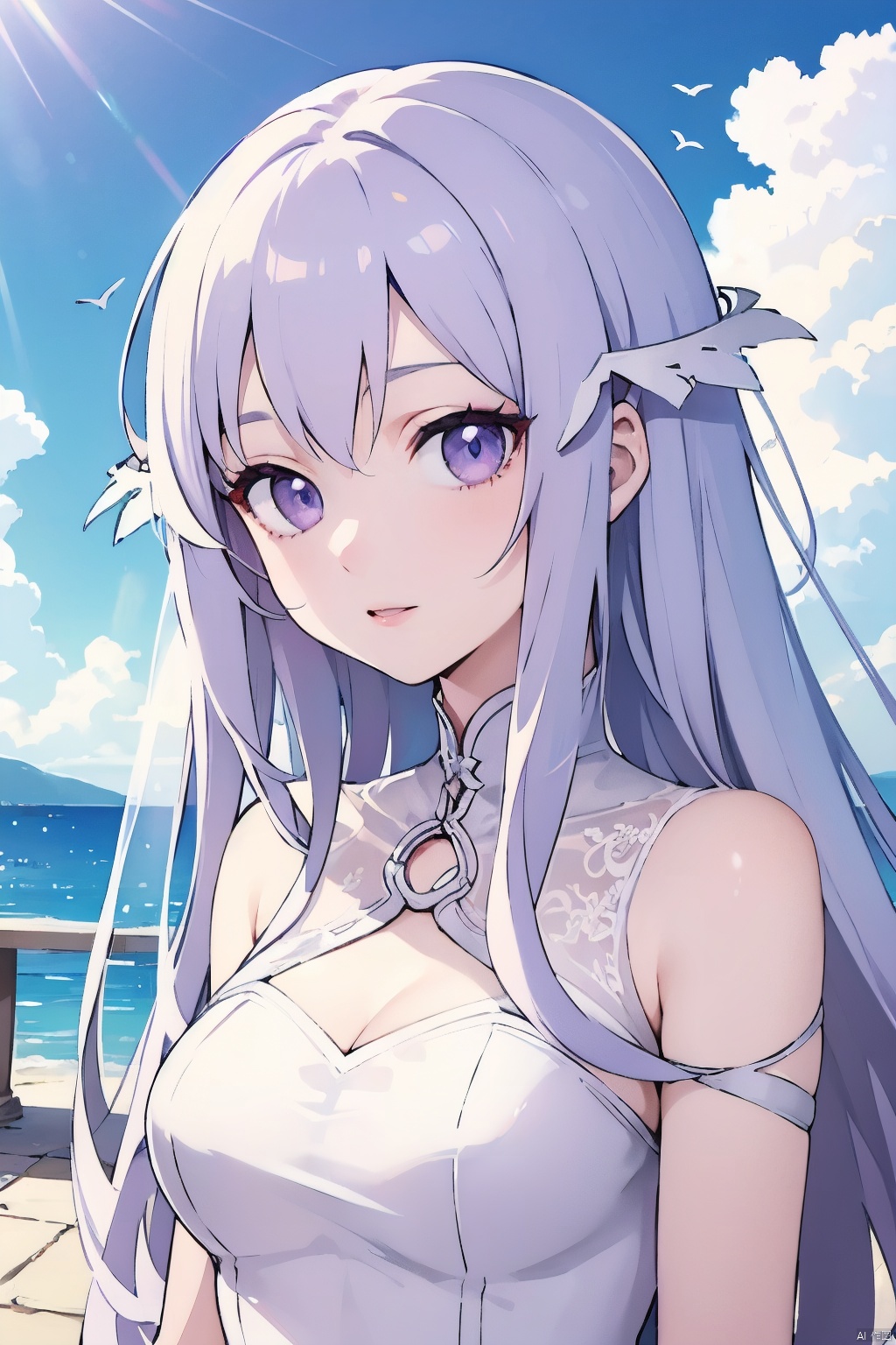  masterpiece, best quality, beautiful and aesthetic, upper body, portrait, looking at viewer, 1girl, solo, sh0rtj3w3lw3ddr3ss, very long hair, light purple hair, swept bangs, purple eyes, quinella, quinella_(SAO), short wedding dress, pantyhose, see-through, outdoors, sky view, scenery, glossy skin, shiny skin, beautiful face, beautiful eyes,,quinella