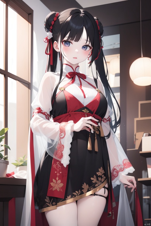  1girl,solo,long hair,breasts,looking at viewer,bangs,black hair,long sleeves,dress,bow,ribbon,holding,closed mouth,standing,hair bow,cowboy shot,indoors,wide sleeves,blurry,black eyes,lips,see-through,sleeves past wrists,double bun,black bow,makeup,red dress,lipstick,hand fan,realistic,,