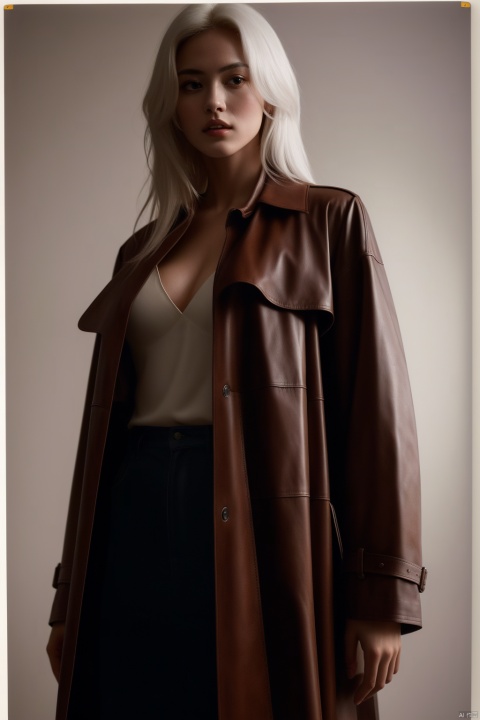hyper realistic and highly detailed full body photo of an ivory white haired model, movie still frame, wearing leather trench-coat, huge natural  Breasts, grainy film style, conceptual, shot on polaroid film, futuristic, poster art, bold lines, limited color palette, high contrast, depth of field, soft cinematic lighting, (intricate details, masterpiece, best quality:1.4)