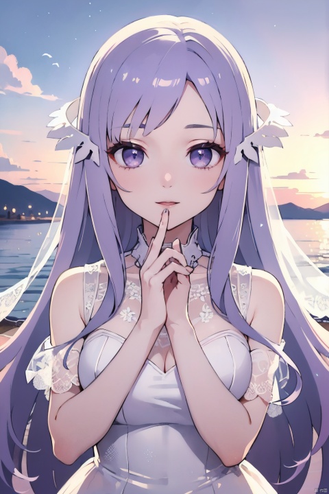  masterpiece, best quality, beautiful and aesthetic, upper body, portrait, looking at viewer, 1girl, solo, sh0rtj3w3lw3ddr3ss, very long hair, light purple hair, swept bangs, purple eyes, quinella, quinella_(SAO), short wedding dress, pantyhose, see-through, outdoors, sky view, scenery, glossy skin, shiny skin, beautiful face, beautiful eyes,,quinella (SAO)