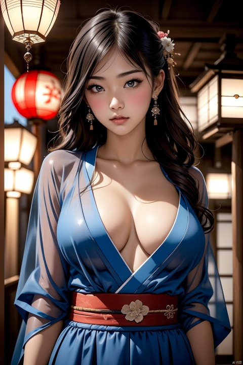 extremely high-quality,1girl,a beautiful face,blue evening_gown,cowboy_shot, see-through,japanese clothes