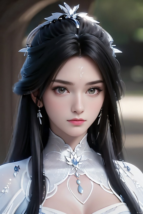  8K,highres,absurdres,masterpiece,best quality,original,extremely detailed CG,extremely detailed wallpaper,perfect lighting,1girl,black hair,catfish bangs,very long hair,hair down to chest,looking at viewer,hair ornament,dress,white dress,jewelry,closed mouth,upper body,earrings,blurry,blurry background,forehead mark,sunlight,,hair d
