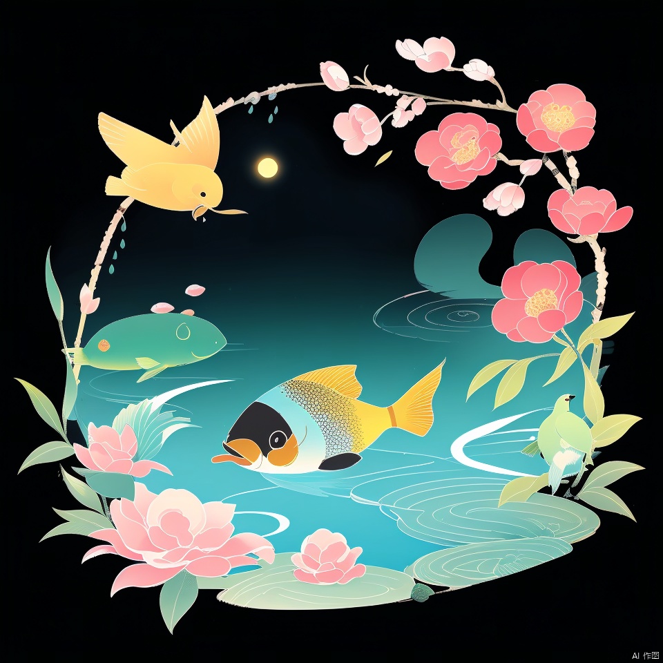  the 24 Traditional Chinese Solar Terms\(Rain Water\),flat,black background,flower,water,petals,no humans,bird,animal,fish,branch,animal focus,