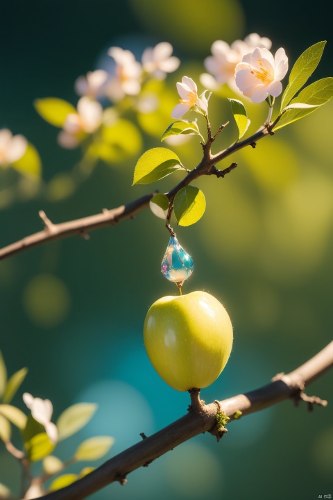 a delicate apple made of opal hung on branch  in the early morning light, adorned with glistening dewdrops. in the background beautiful valleys, divine iridescent glowing, opalescent textures, volumetric light, ethereal, sparkling, light inside body, bioluminescence, studio photo, highly detailed, sharp focus