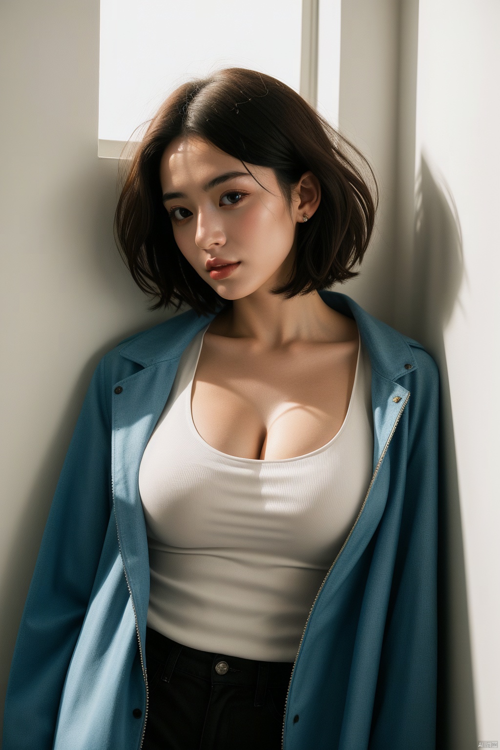  Hyperdetailed Photography,1girl, solo, supermodel, short hair, makeup, parted lips, big tits, cleavage, **** top, further jacket, open clothes, (looking at viewer), standing against wall, indoor, soft lighting, film grain, upper body,