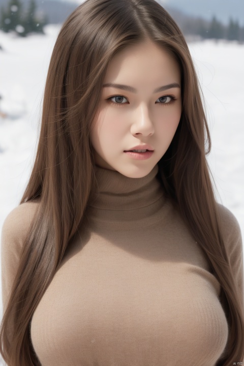 a beautiful girl is in (skinny turtleneck sweater), very sexy, long hair, prefect face, brown eyes, makeup, blush, lips, (curvy), big tits, thin waist, (looking at viewer), standing in the snow, winter, snow mountain, (film grain), 35mm film, upper body,