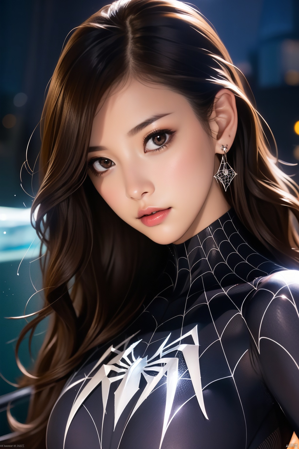  spiderman cosplay,1girl,long hair,looking at viewer,brown hair,brown eyes,earrings,bodysuit,spider web,head tilt,simple background,,beautiful detailed glow, (detailed ice), beautiful detailed water,