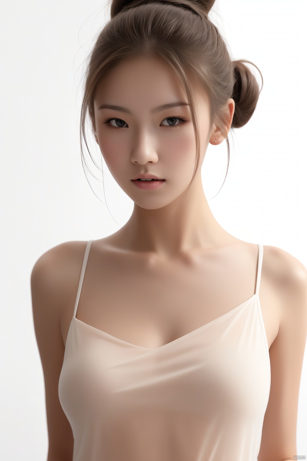  1girl,hair bun,white background,