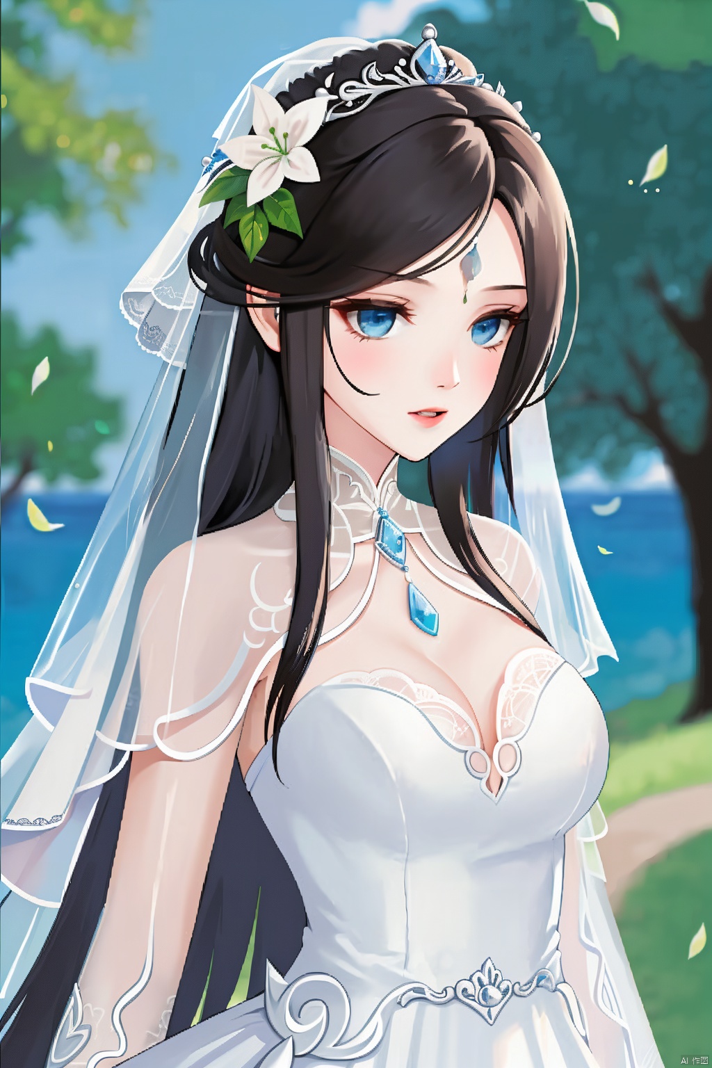 1girl,wedding dress,forehead mark,catfish bangs,hair down to chest,very longhair,