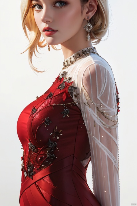  masterpiece,clothing photography,1girl,blonde,(white_skin:1.2),(medium breasts:1.2),high-class clothing,dress,(red dress:1.3),((the ultimate dress detail)),looking at viewer,long sleeves,standing,earrings,(portrait:1.2),white_background,,(whitedress