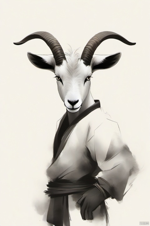  Goat, furry, solo, looking at viewer, simple background, white background, animal ears, standing, monochrome, horns, pants, furry male, goat horns, goat ears, full body, dougi