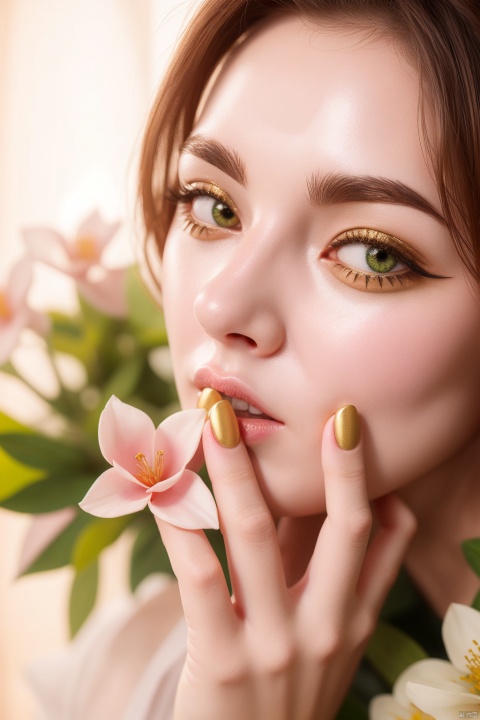  Hyperdetailed Photography,pink flowers with silver ornaments on a pink nail, in the style of hyper-realistic sculptures, golden hues, close up, porcelain, anastasiya dobrovolskaya, dark white and light green, 8k