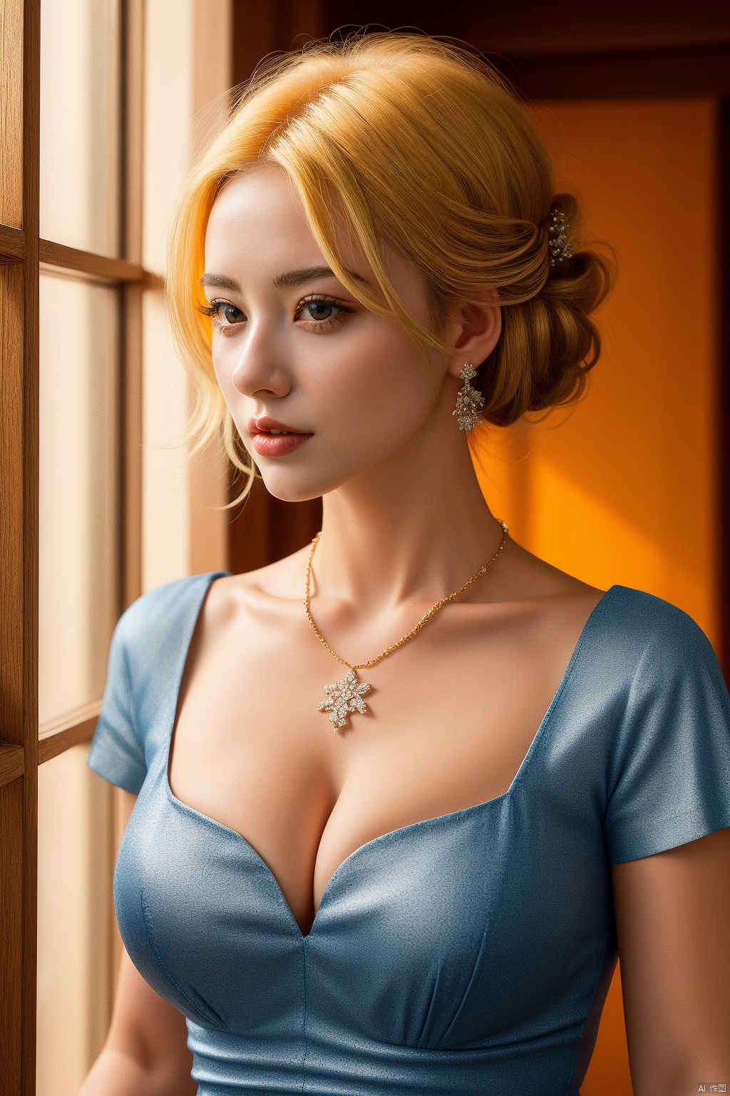  Hyperdetailed Photography,one pretty european girl, solo, blonde hair, (half updo), blue eyes, lips, collarbone, big tits, cleavage, necklace, jewelry, orange patterned dress, looking at viewer, indoor, bokeh, upper body, film grain, cowboy shot, epiCPhoto,