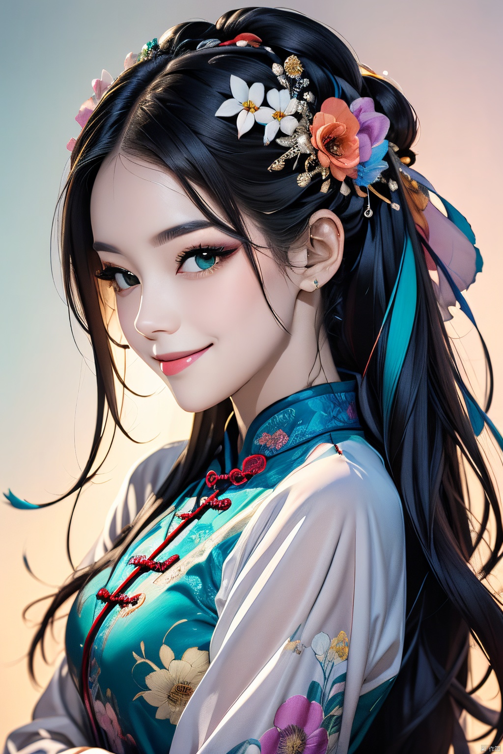 lbc girl,(kind smile), (masterpiece), (best quality), illustration, ultra detailed, hdr, Depth of field, (colorful),hair ornament, green eyes, hair flower, flower, long hair, full body, dress, chinese clothes, hair rings, looking at viewer, jewelry, underwear, bell, nail polish