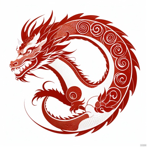  dragon pattern, flat, white background, monochrome, full body, from side, no humans, fangs, red theme, eastern dragon,,flat