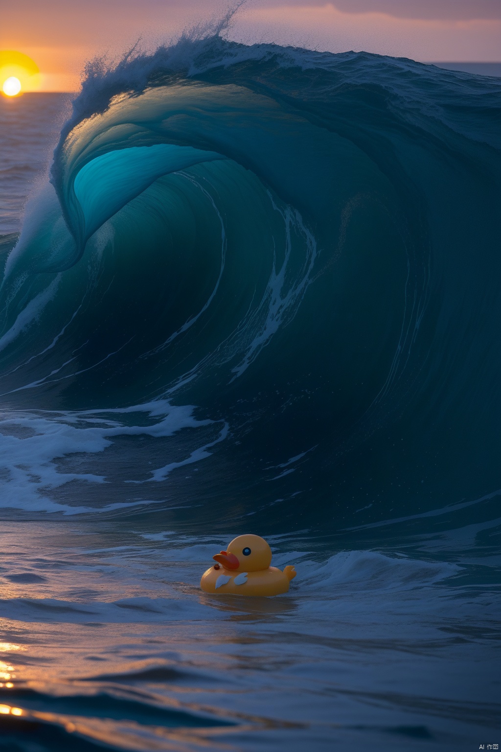  a tiny, lost rubber ducky braving the tumultuous ocean. towering waves and powerful currents, adding to the sense of isolation and vulnerability. The sun sets in the background, casting a warm, golden glow across the sky, with hues of orange and pink illuminating the vastness of the ocean.