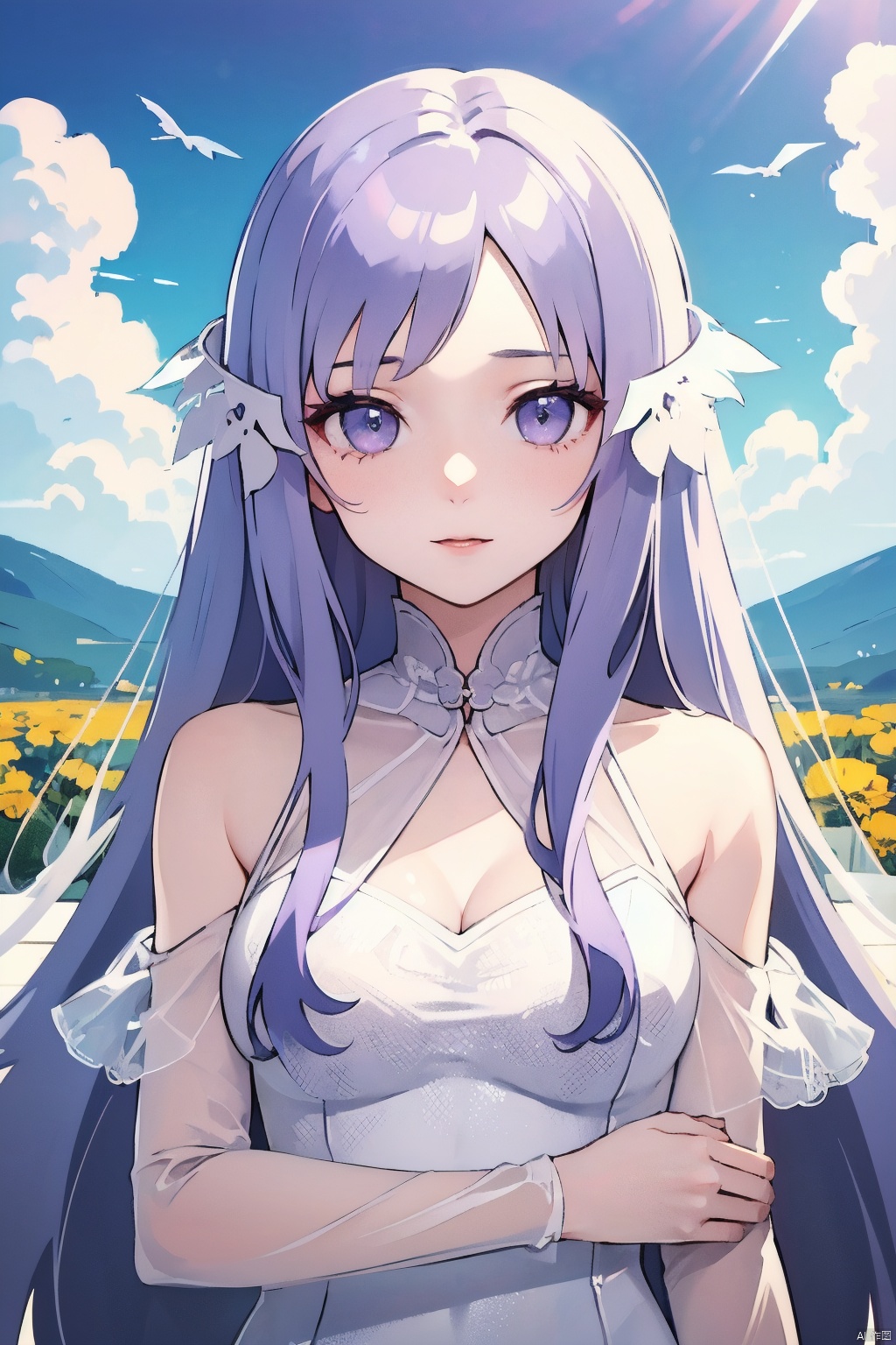  masterpiece, best quality, beautiful and aesthetic, upper body, portrait, looking at viewer, 1girl, solo, sh0rtj3w3lw3ddr3ss, very long hair, light purple hair, swept bangs, purple eyes, quinella, quinella_(SAO), short wedding dress, pantyhose, see-through, outdoors, sky view, scenery, glossy skin, shiny skin, beautiful face, beautiful eyes,,quinella (SAO)