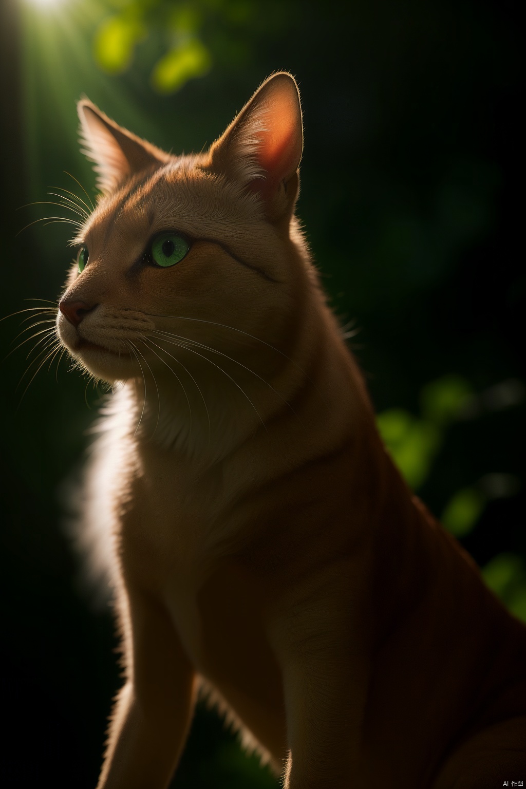 Hyperdetailed Photography,beautiful skiny creature, fur and fluffs, eyelashes, vivid orange and black, deep rich saturated orange color, (depth of field:1.4), 8k resolution, photorealistic, masterpiece, intricately detailed, natural lighting, volumetric lighting, concept art, elegant, artstation, sun blicks, green eyes, green leaves